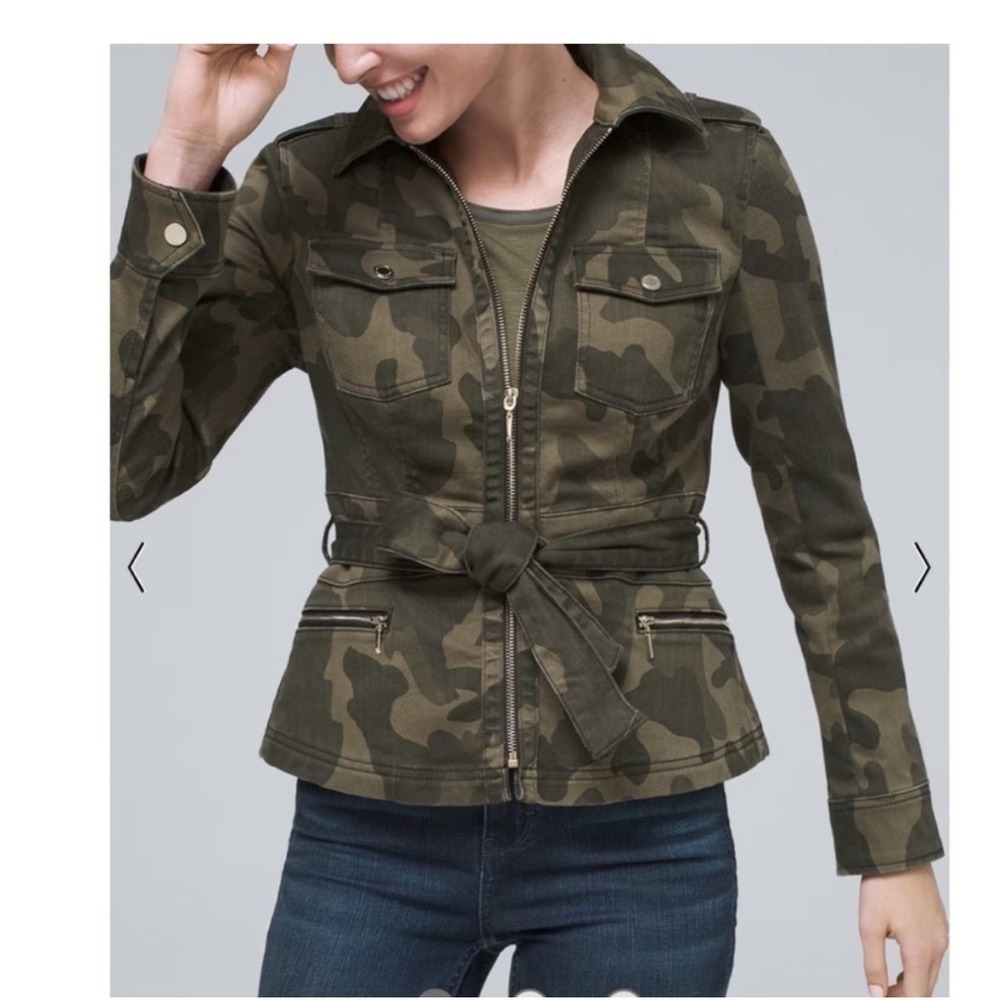WHBM Y2K Feminine Camo Peplum Military Utility Jacket Cinched Waist Green Sz xs